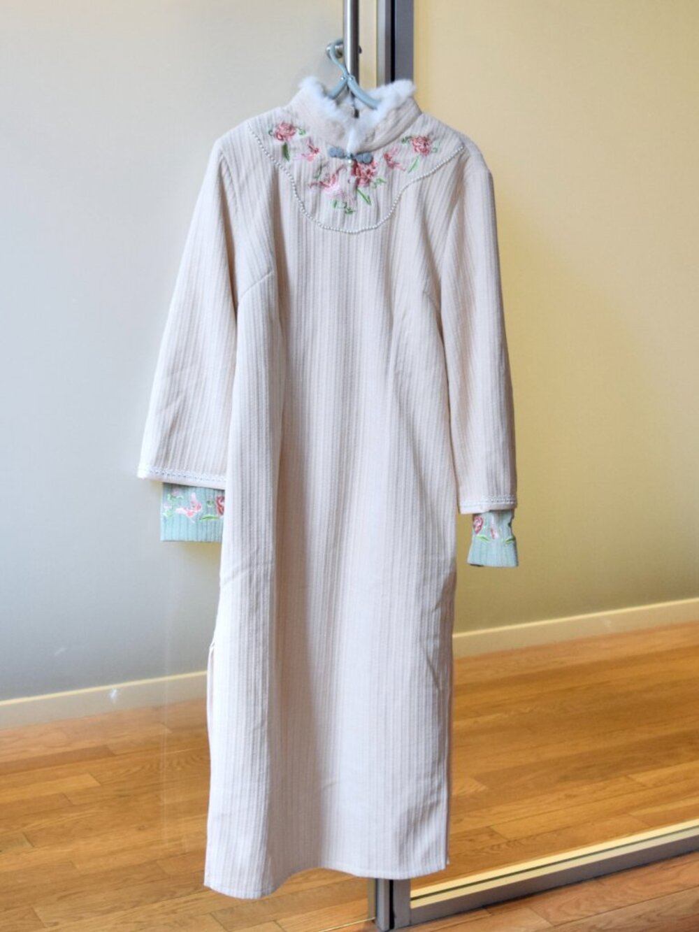 White Striped Flora Embroidered Corduroy Long Qipao - Chinese Traditional Winter